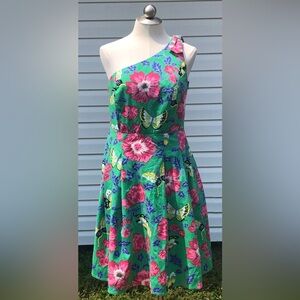 RSVP by Talbots Size 8 Green, Blue, Pink One Shoulder Butterfly Dress